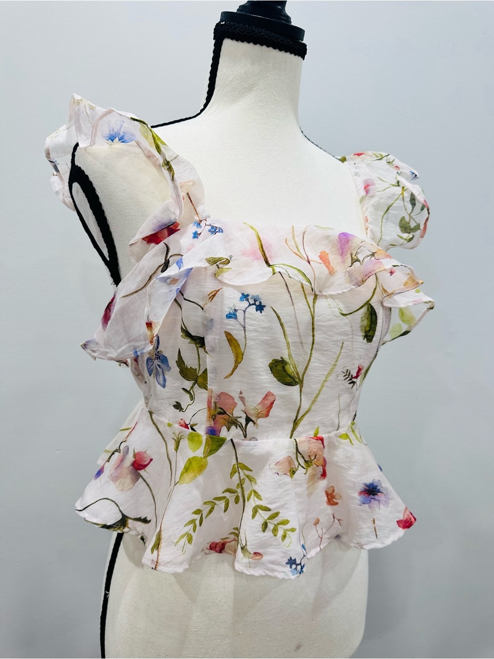 H&M NWT Floral Ruffle Peplum Top - Pale Pink Pastel Floral Print Size Small